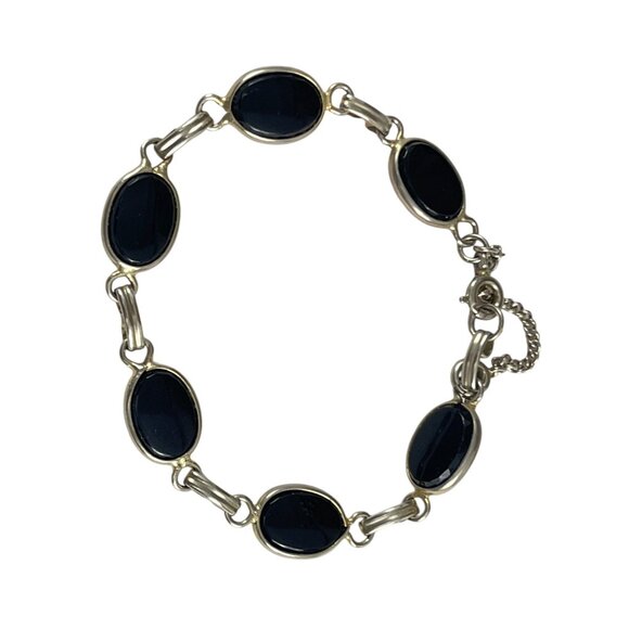 Elegant Gold & Black Onyx Oval Link Bracelet With Safety Chain - Picture 7 of 8